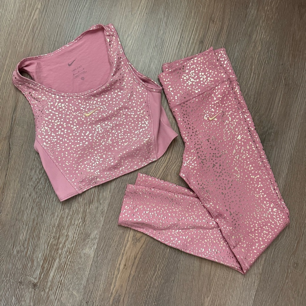 Nike Girls Pink Matching Leggings and Top Set Size M Pink & Gold